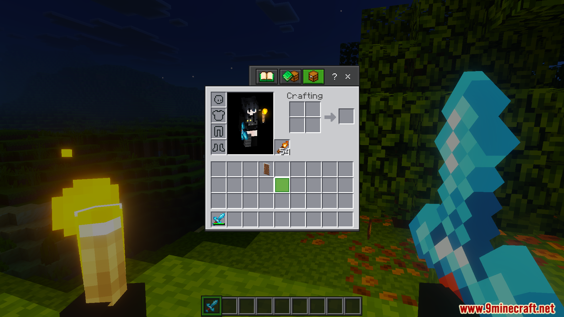 player inventory menu showing torch placed in the left hand offhand slot