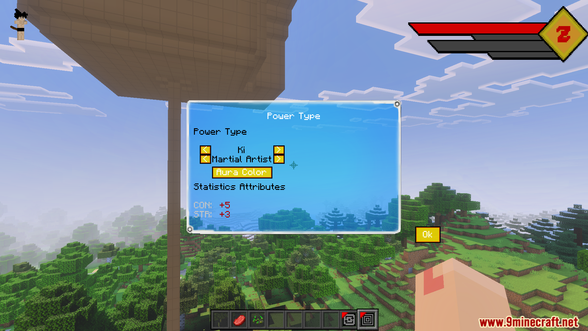 Dragon Block C Ultimate Addon Screenshot 4 Power type menu for choosing ki or martial artist with character statistics