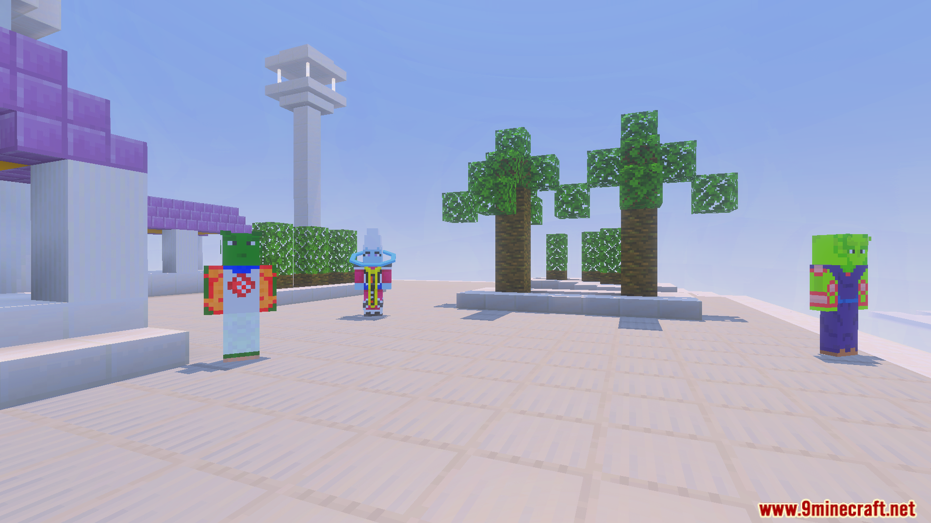 Dragon Block C Ultimate Addon Screenshot 7 Minecraft characters including Namekians standing on a white platform with palm trees