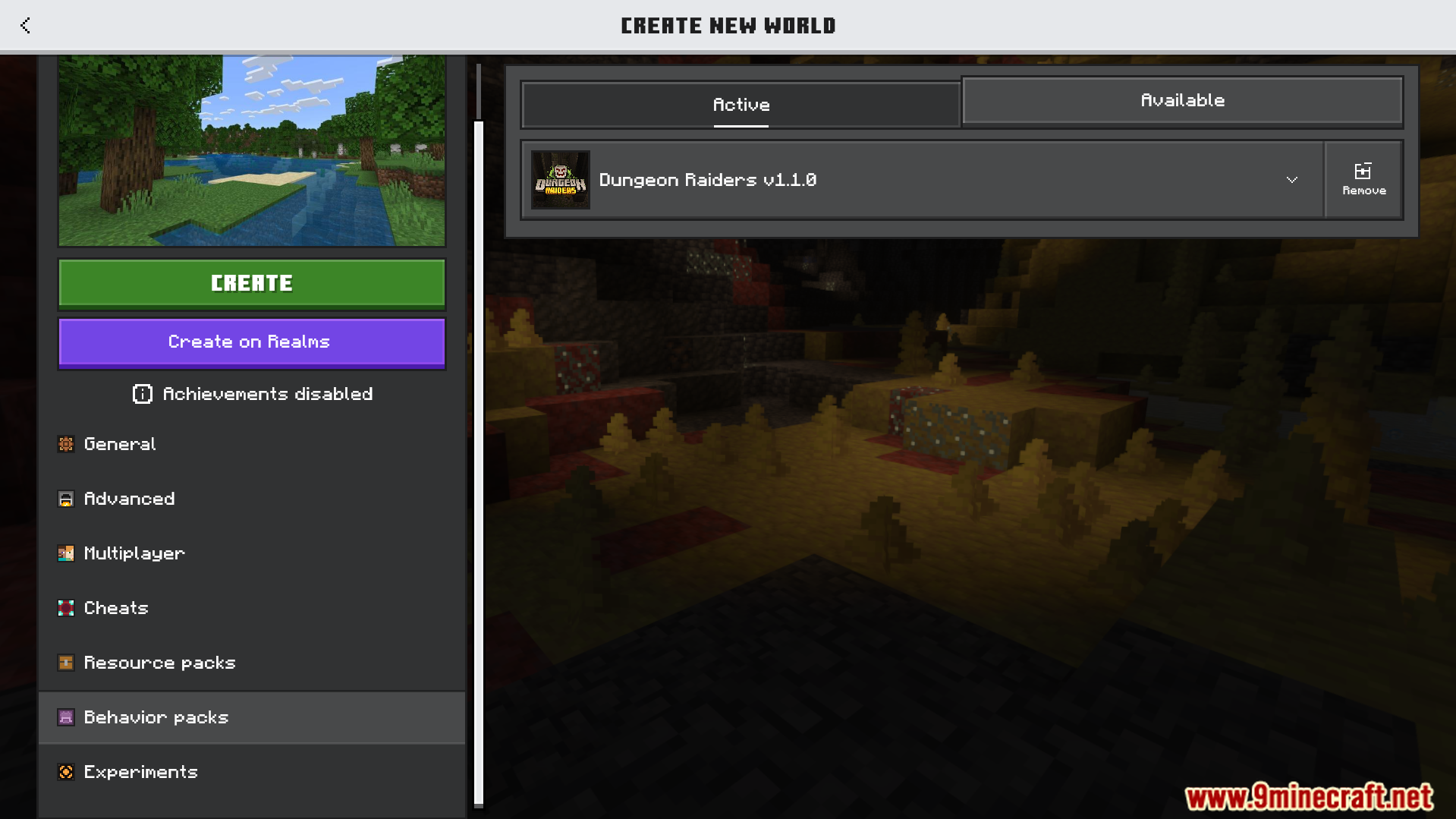 Minecraft menu showing Dungeon Raiders behavior pack active for a new world