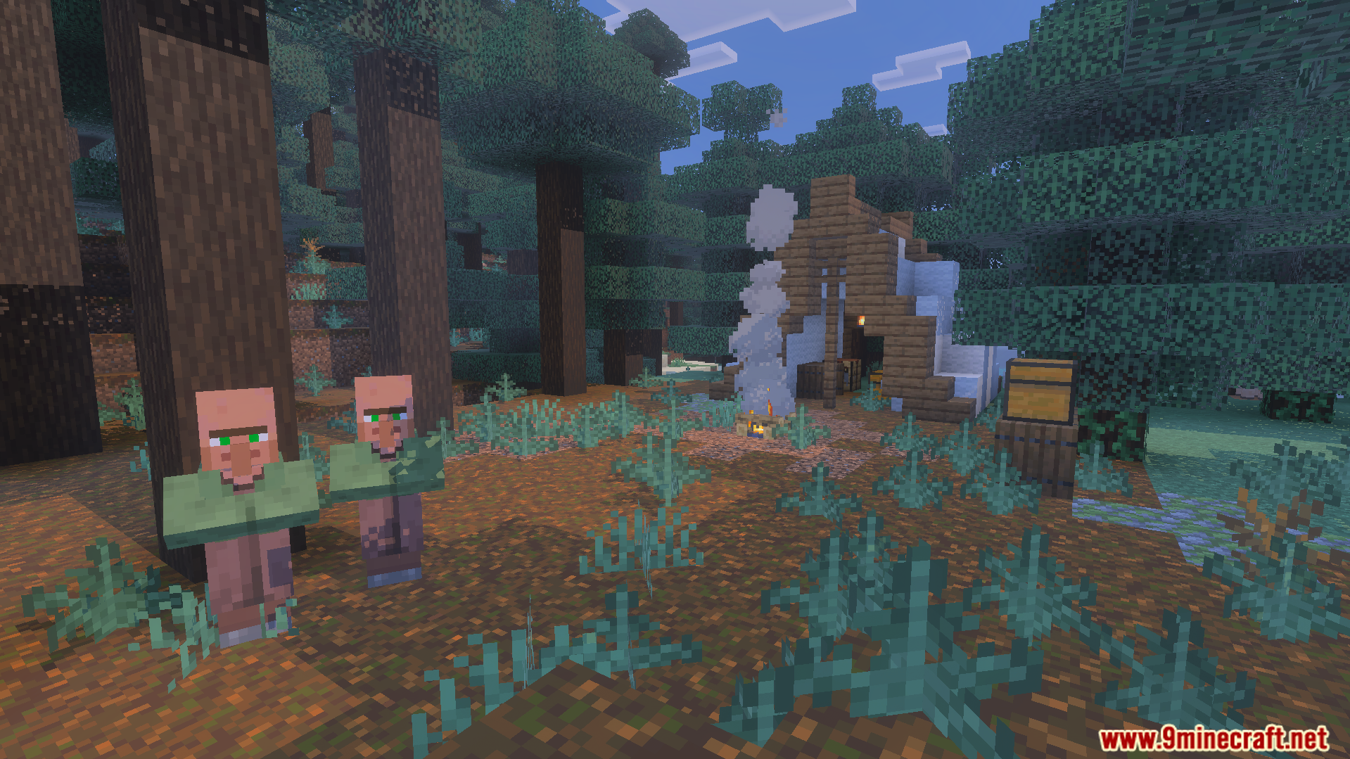 Villagers standing near a campfire and a small wooden structure in the forest