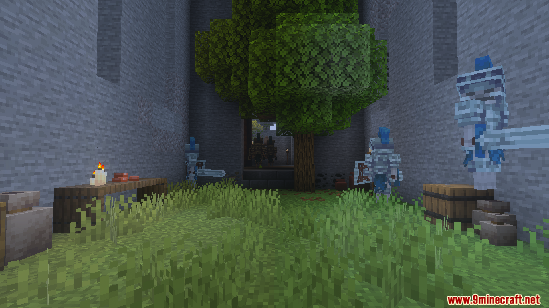 Multiple characters wearing custom armor inside a stone dungeon room with decorative items