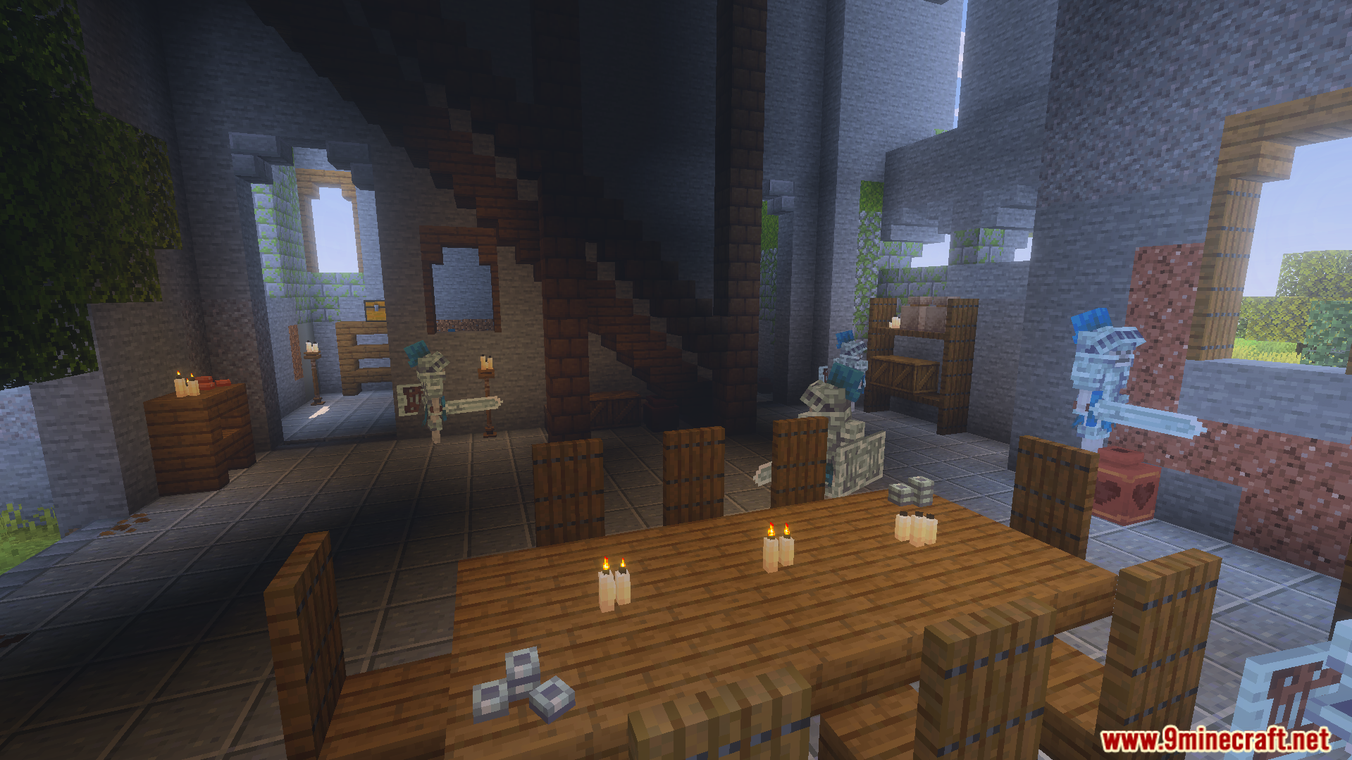 Skeleton warriors in blue armor inside a dungeon from the Dungeon Raiders Addon
