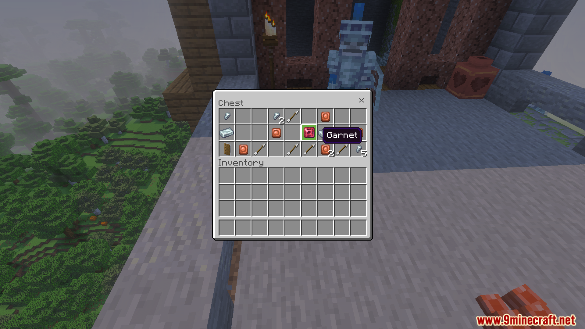 Chest interface displaying loot items including arrows coins and a garnet gemstone