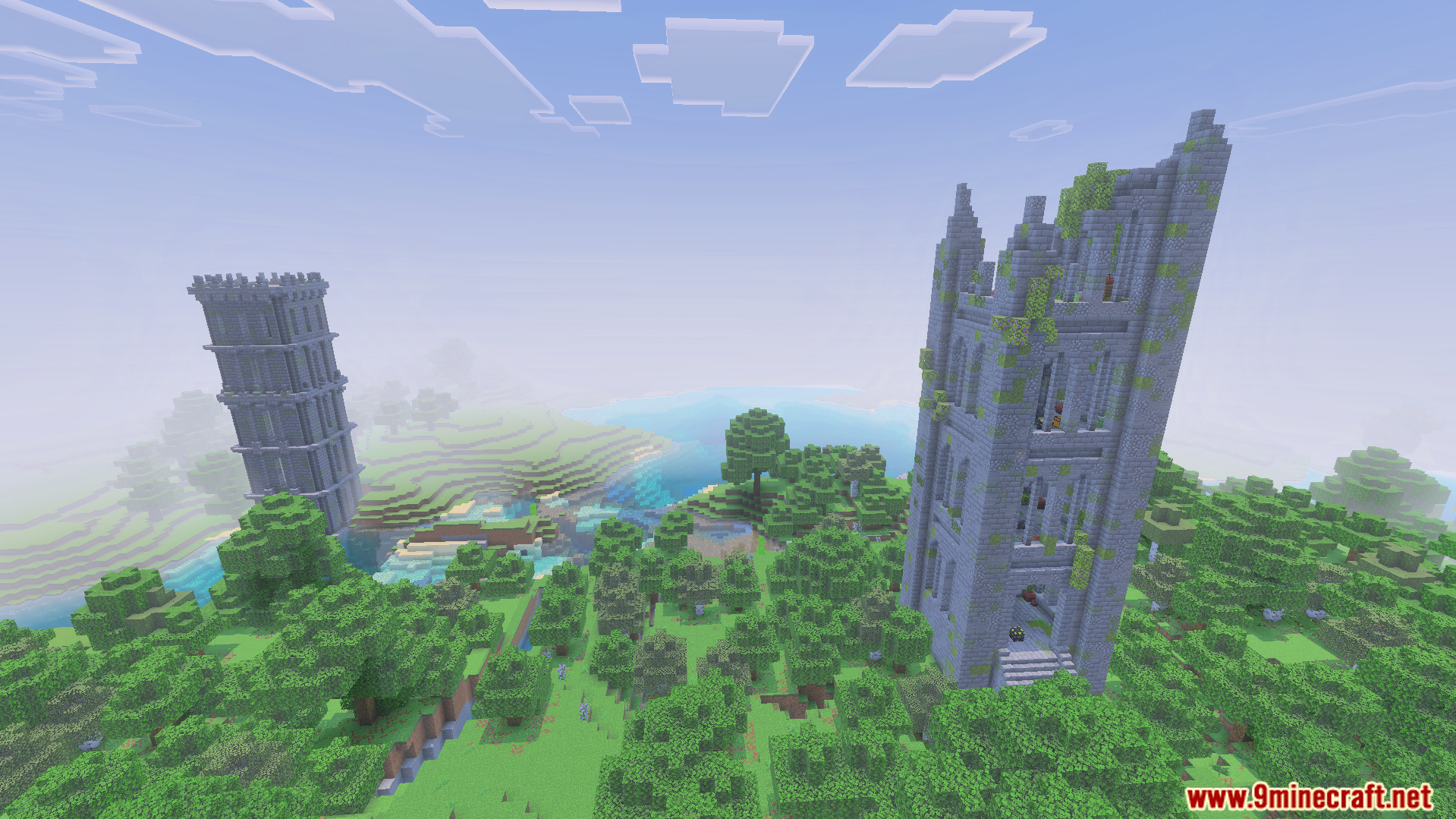 Tall stone towers from the Dungeon Raiders Addon in a forest biome