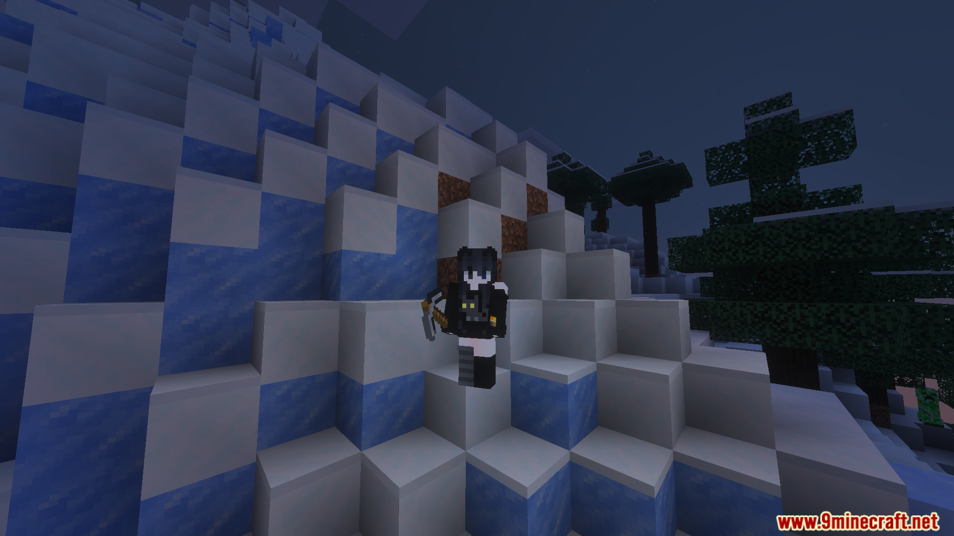 Dynamic Light Offhand Addon Screenshot 1 Player character standing on blue ice blocks at night with glowing light effects