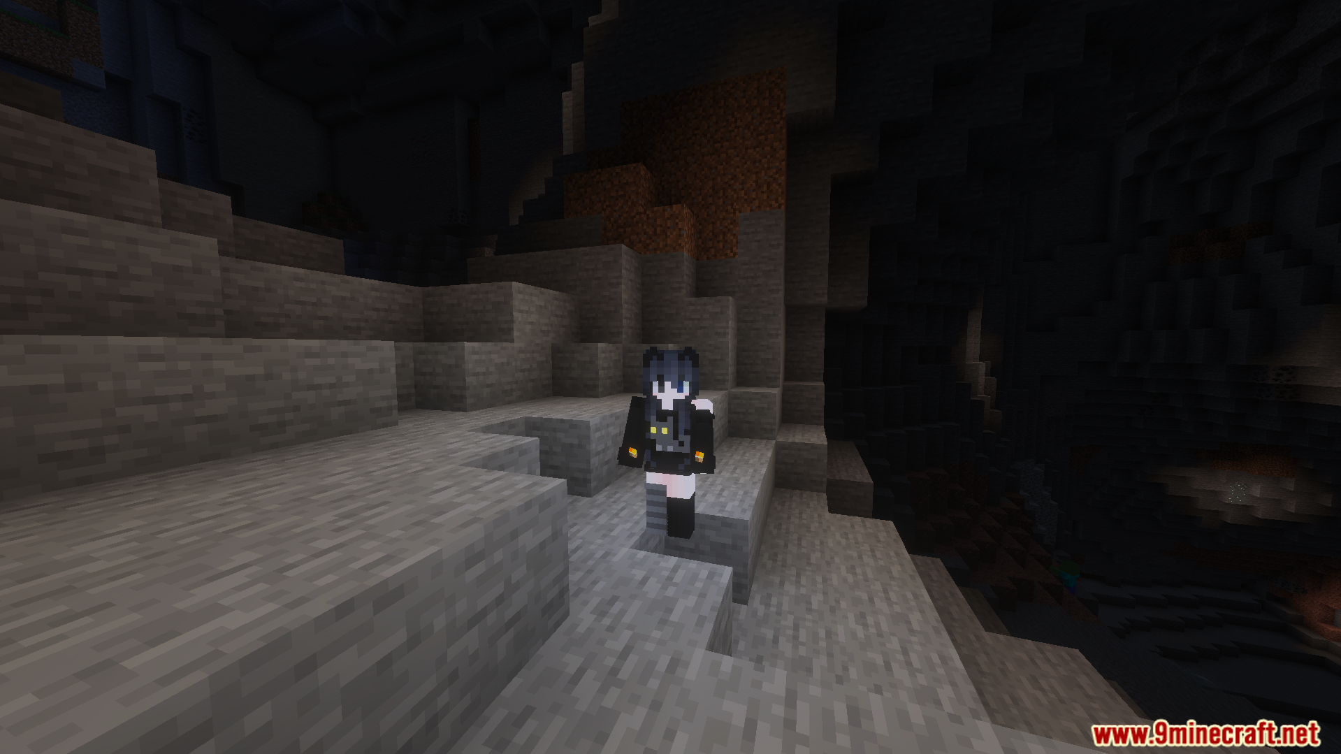 Dynamic Light Offhand Addon Screenshot 6 Player explores a cave with improved visibility for mining and building tasks