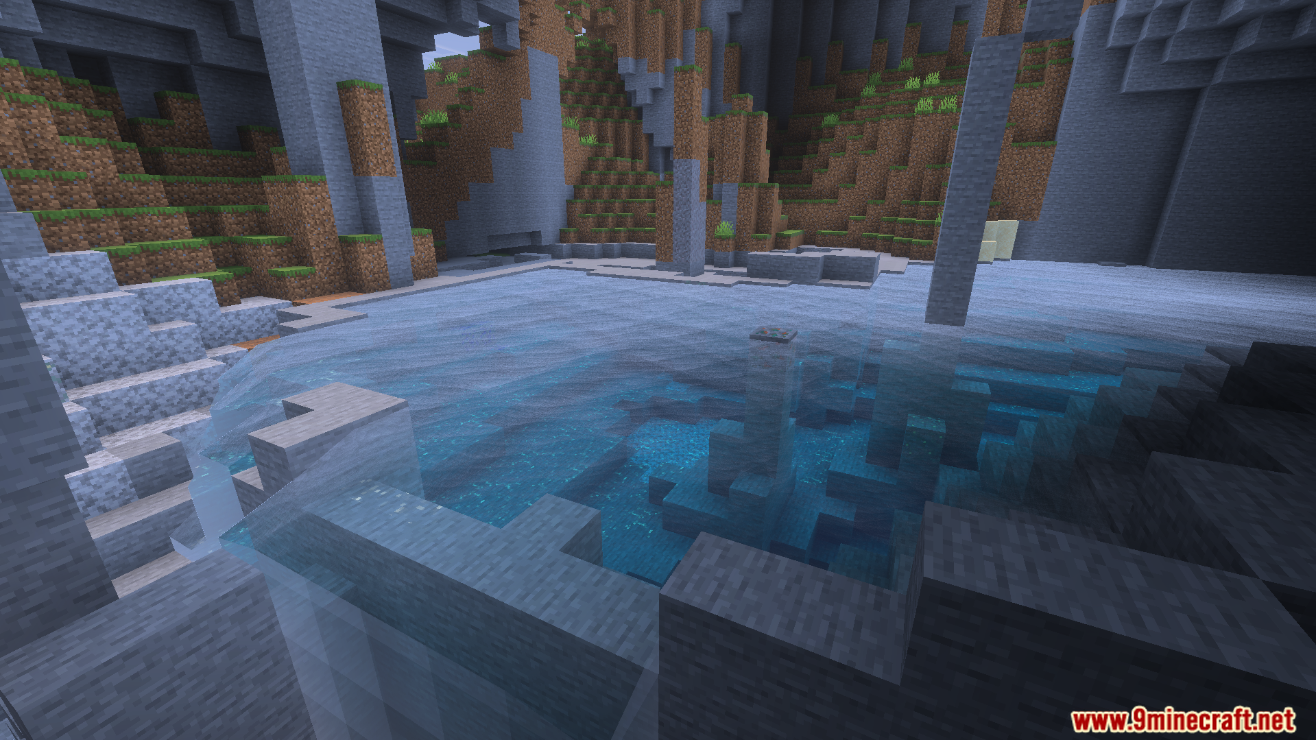 Dynamic Water Texture Pack Screenshot 2 Clear blue water with realistic movements near a waterfall and stone cliffs