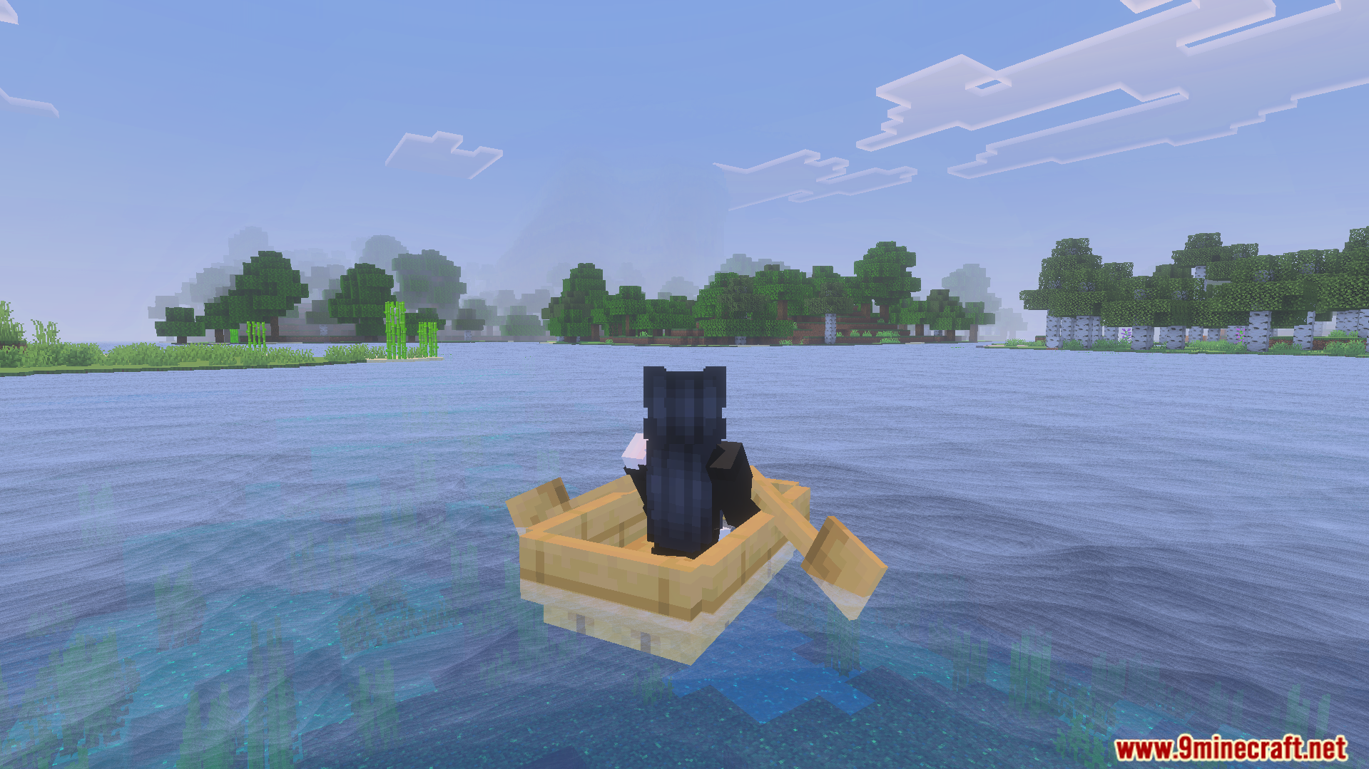 Dynamic Water Texture Pack Screenshot 4 Player rowing a wooden boat on clear blue water near a forest