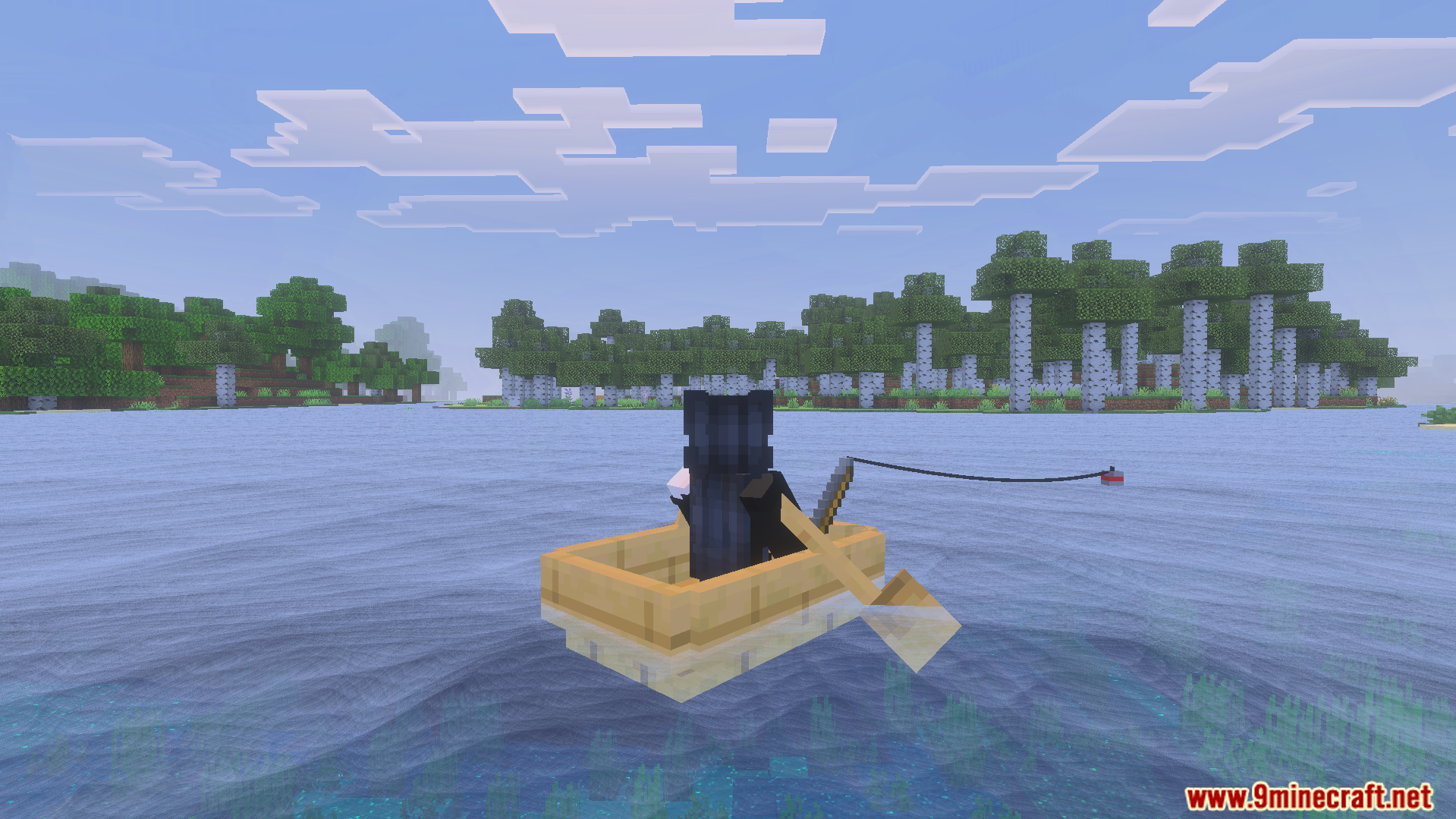 Dynamic Water Texture Pack Screenshot 5 Player fishing from a boat on realistic blue water near a birch forest