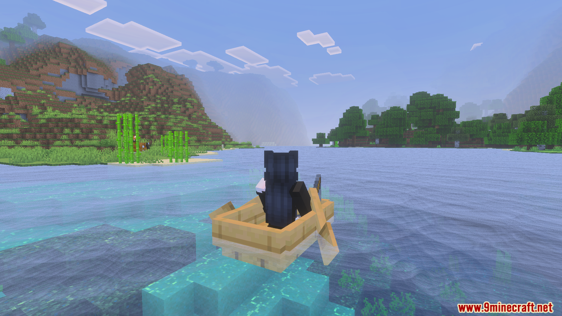 Dynamic Water Texture Pack Screenshot 6 Player rowing a boat through clear water with visible underwater blocks and sugarcane