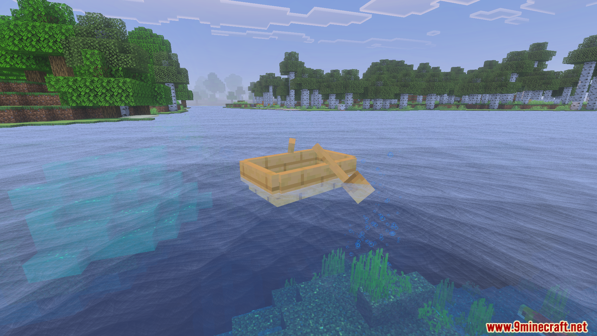 Dynamic Water Texture Pack Screenshot 8 A wooden boat floating on realistic blue water with dynamic movements and trees