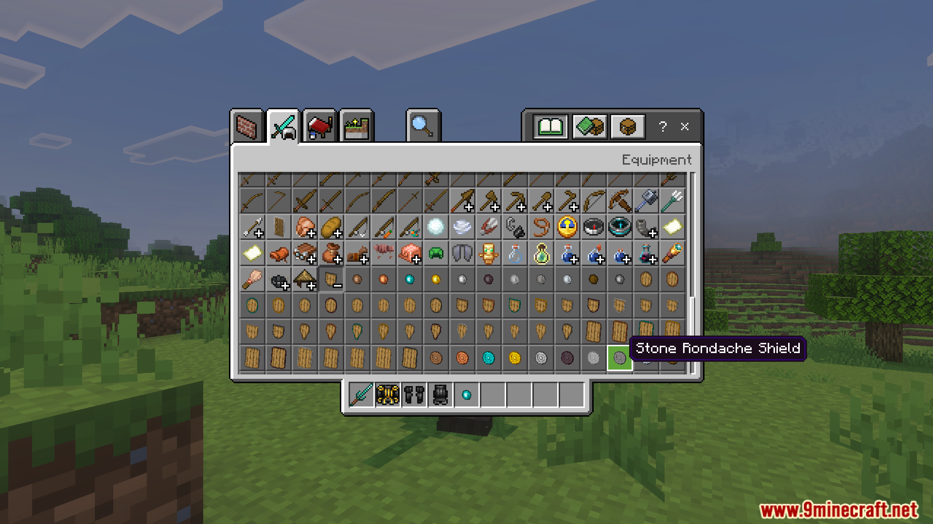 Epic Knights Plus Addon Screenshot 6 Creative inventory displaying various medieval weapons and the stone rondache shield item