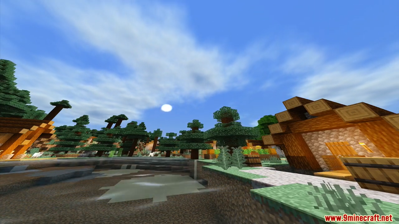 ESBE 1G Shader Screenshot 10 Bright sun shining over a wooden village in a spruce forest biome