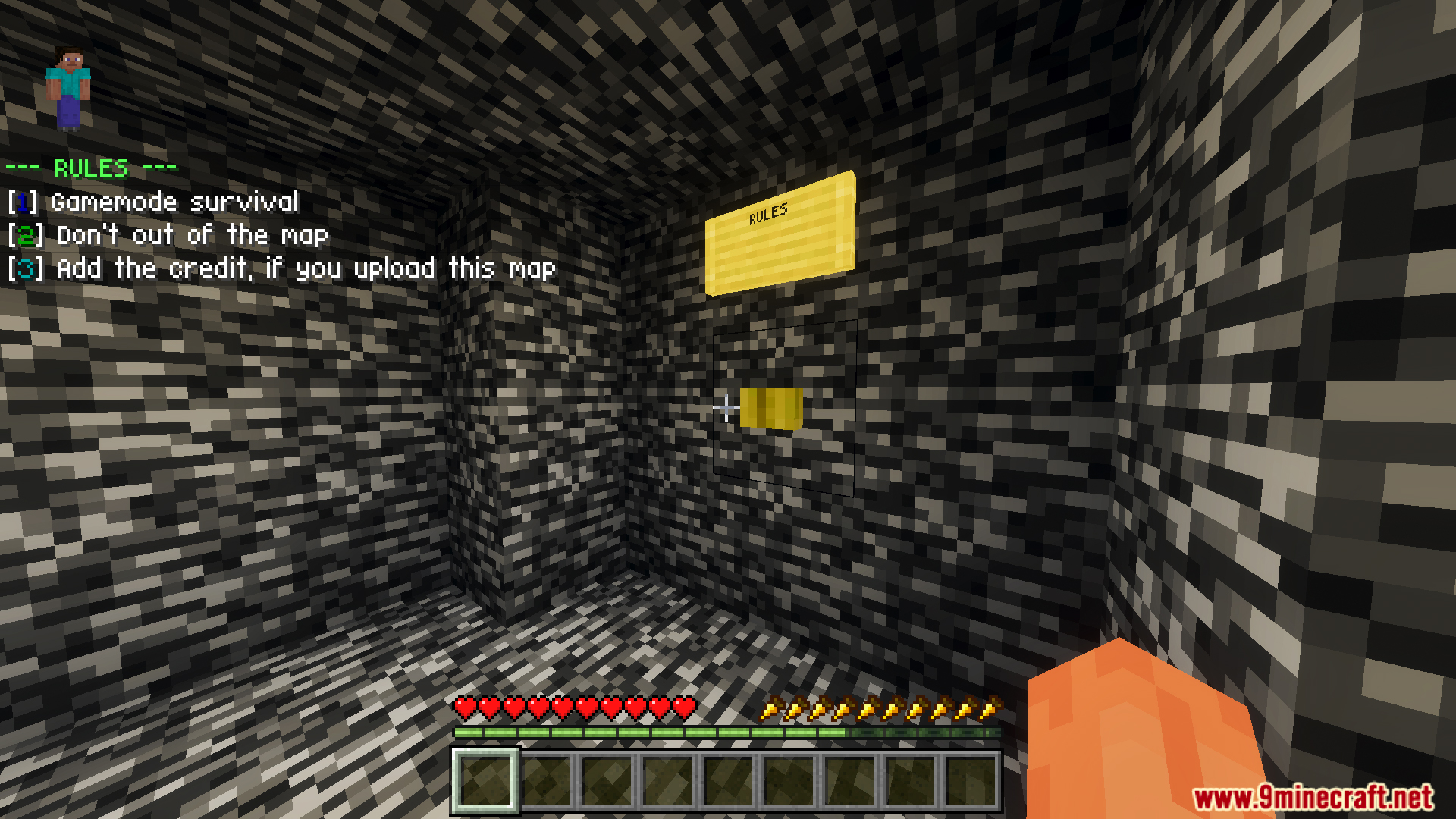 Escape from Bedrock Prison 10 the Last Journeys Map Screenshot 1 A bedrock room showing rules for the prison escape map series finale