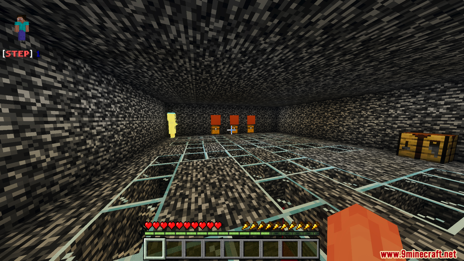 Escape from Bedrock Prison 10 the Last Journeys Map Screenshot 4 A large bedrock room featuring glass floor tiles and several wooden chests