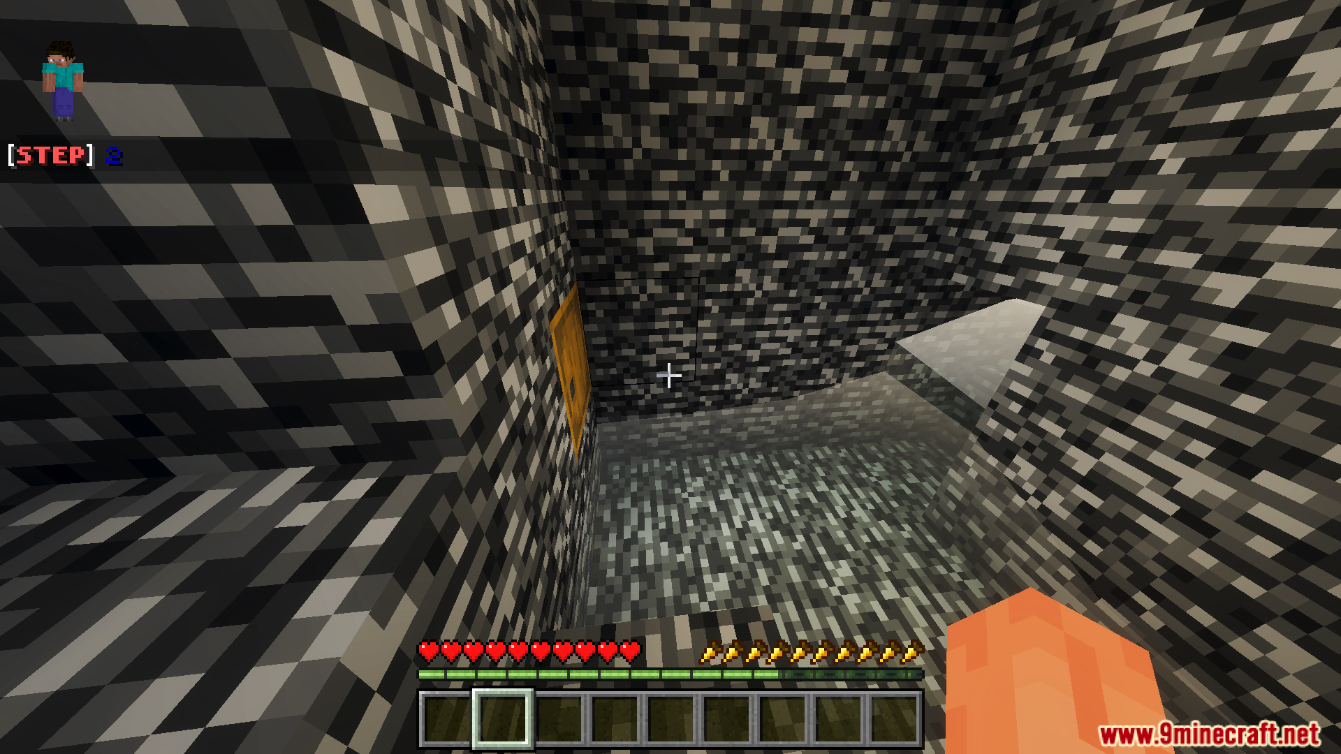 Escape from Bedrock Prison 10 the Last Journeys Map Screenshot 8 First person view of a player exploring a bedrock room with a door