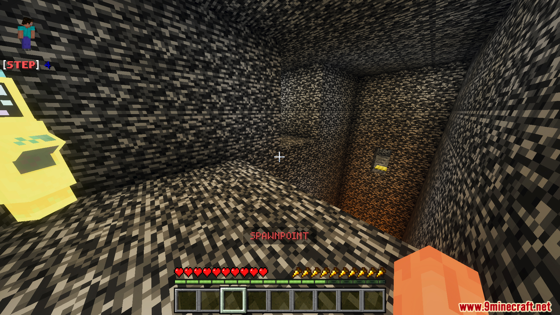 Escape from Bedrock Prison 10 the Last Journeys Map Screenshot 10 Player looking down a deep bedrock pit with small platforms for parkour challenges