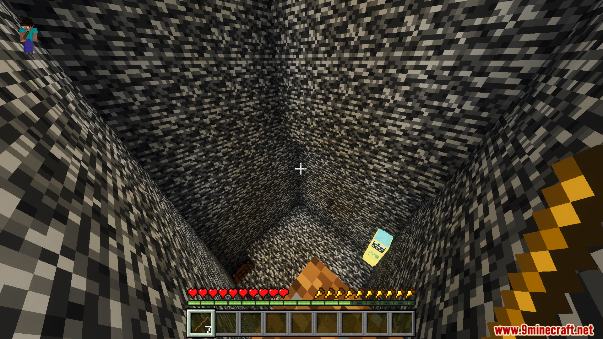 Escape from Bedrock Prison 10 the Last Journeys Map Screenshot 12 Player looking down a deep bedrock shaft towards a yellow character below