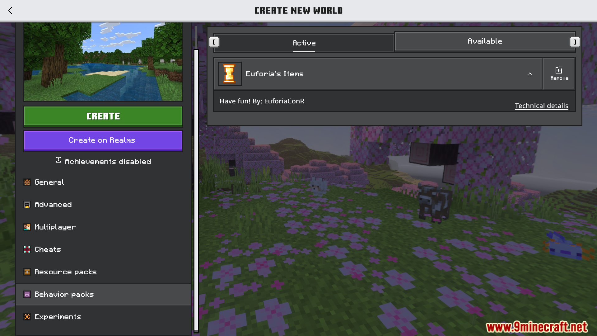 Create New World screen showing Euforias Items behavior pack active