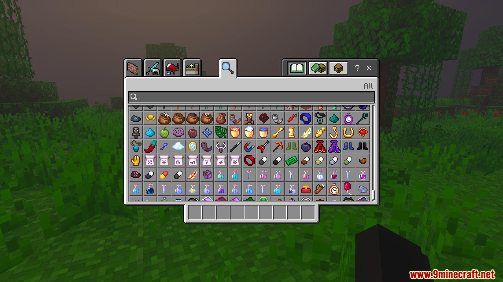 Creative inventory showing many new custom items added by the addon