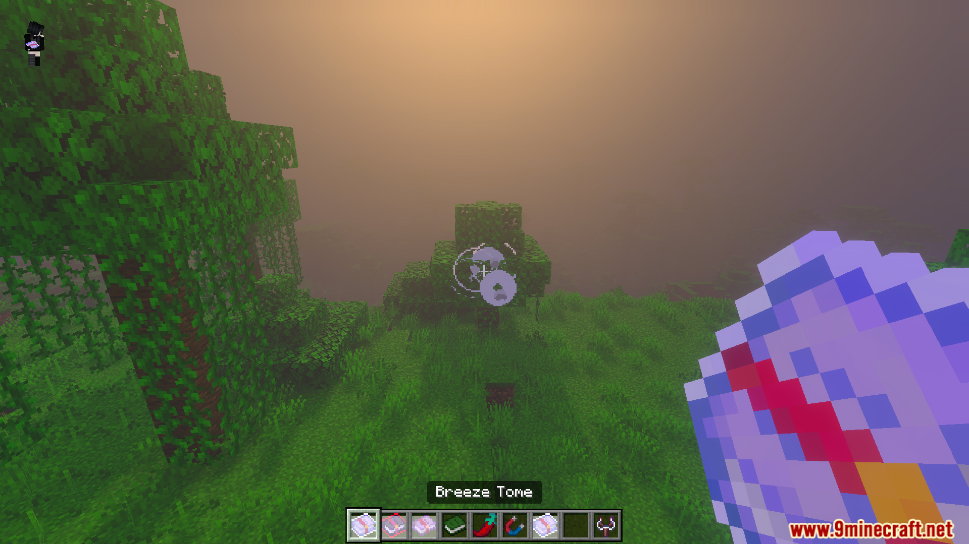 Player holding Breeze Tome item with magic effect on tree
