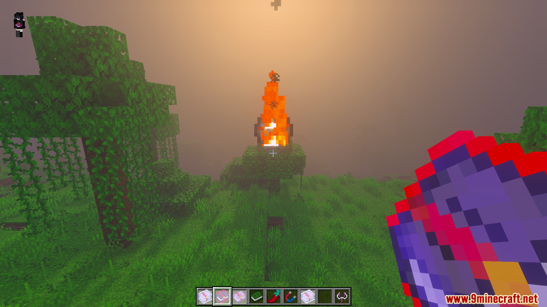 Player holding red magic book with fire effect on tree