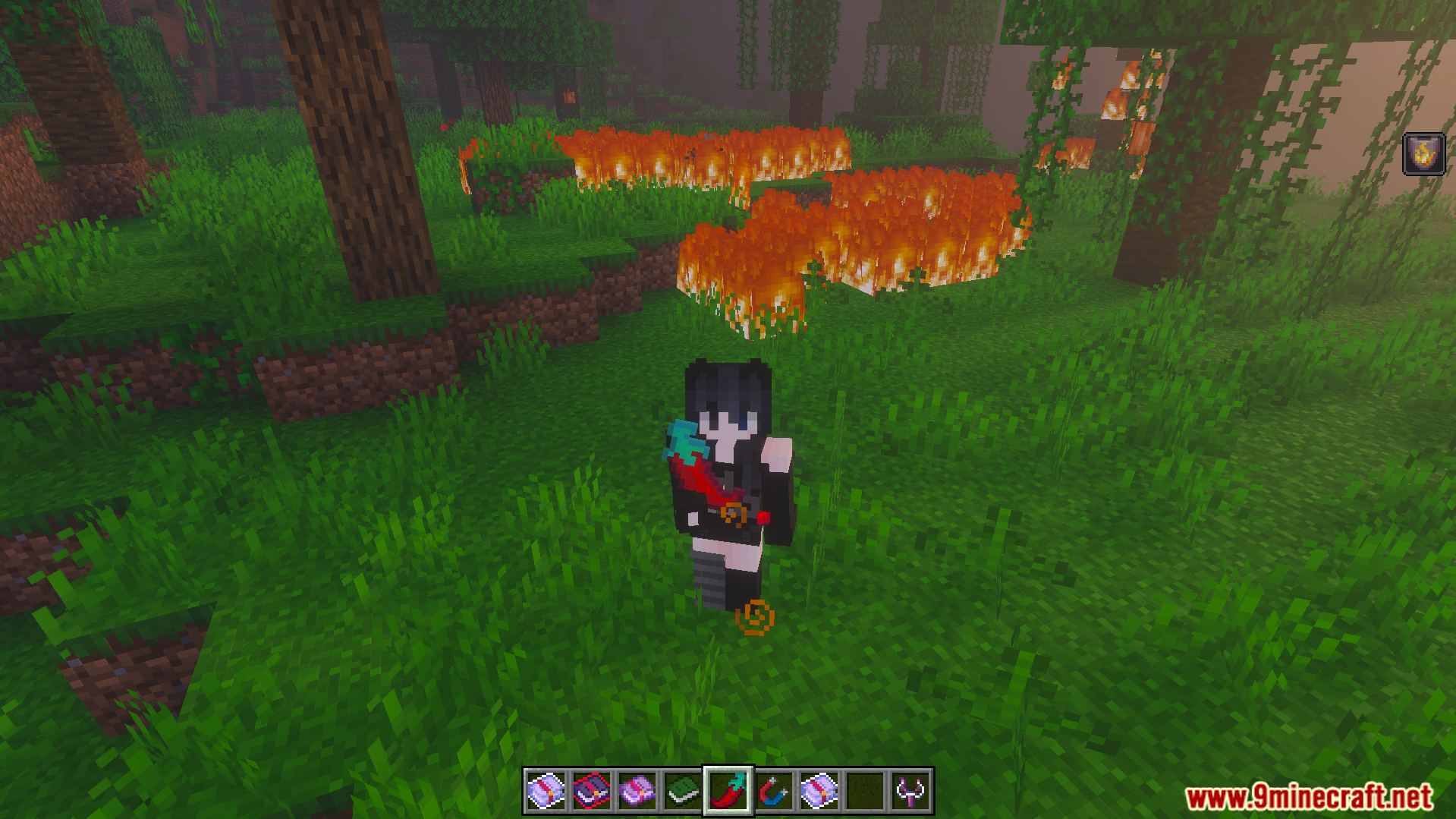 Player holding a red chili pepper item with fire burning in the background