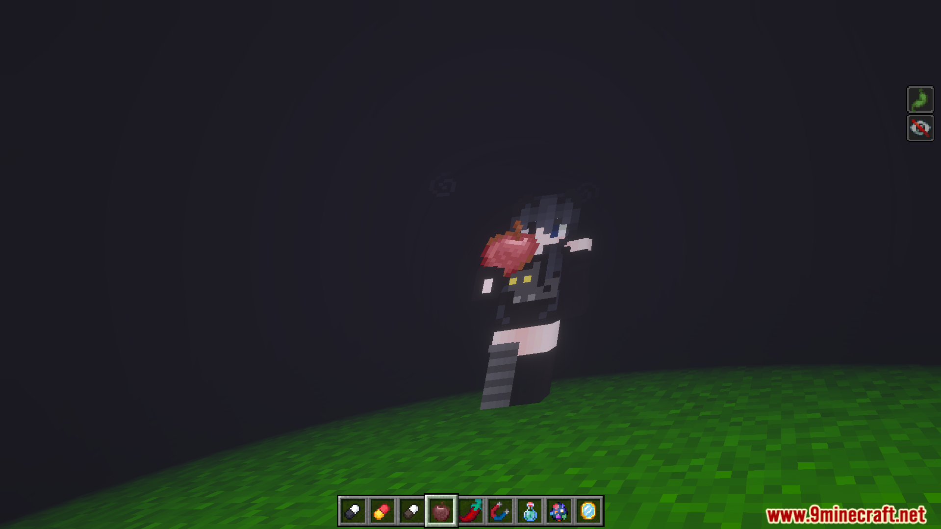 Player character floating in dark void holding red item