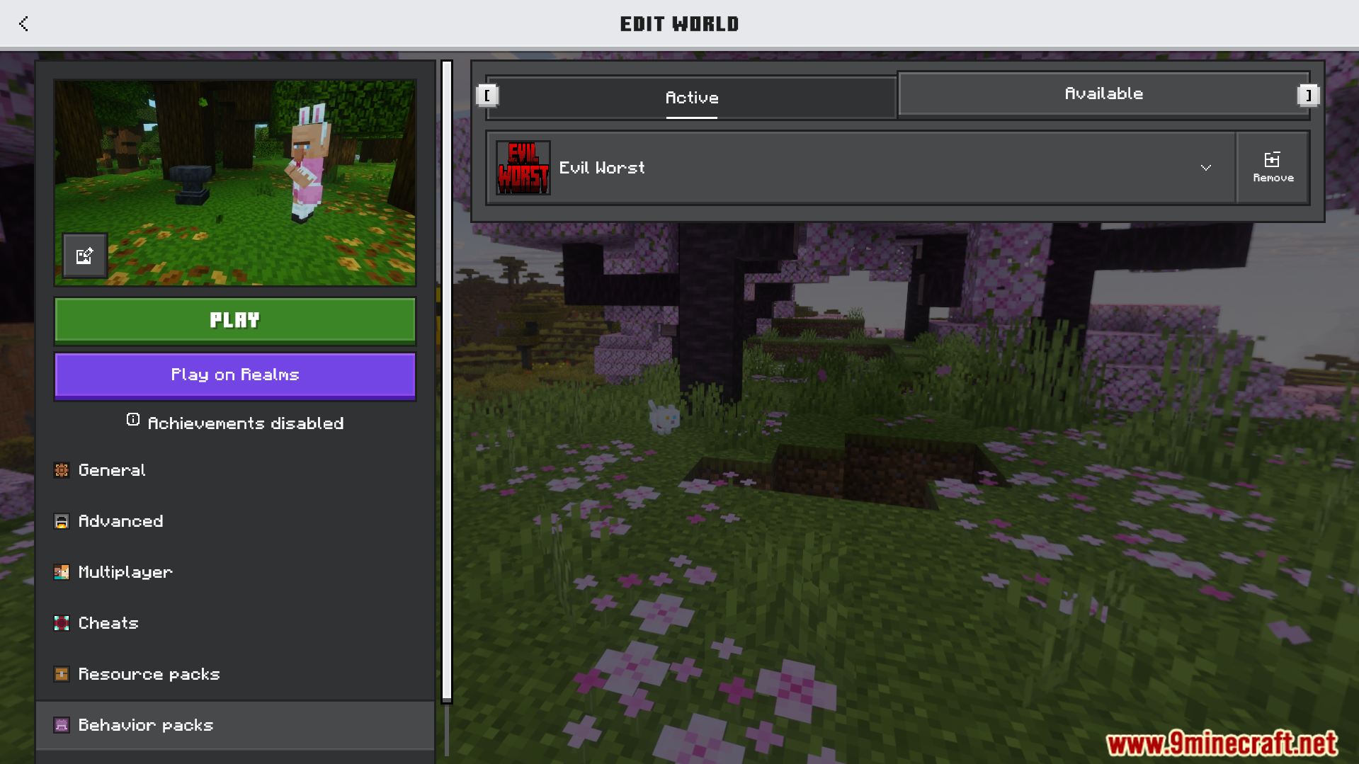 Minecraft edit world screen showing active behavior packs in the settings menu