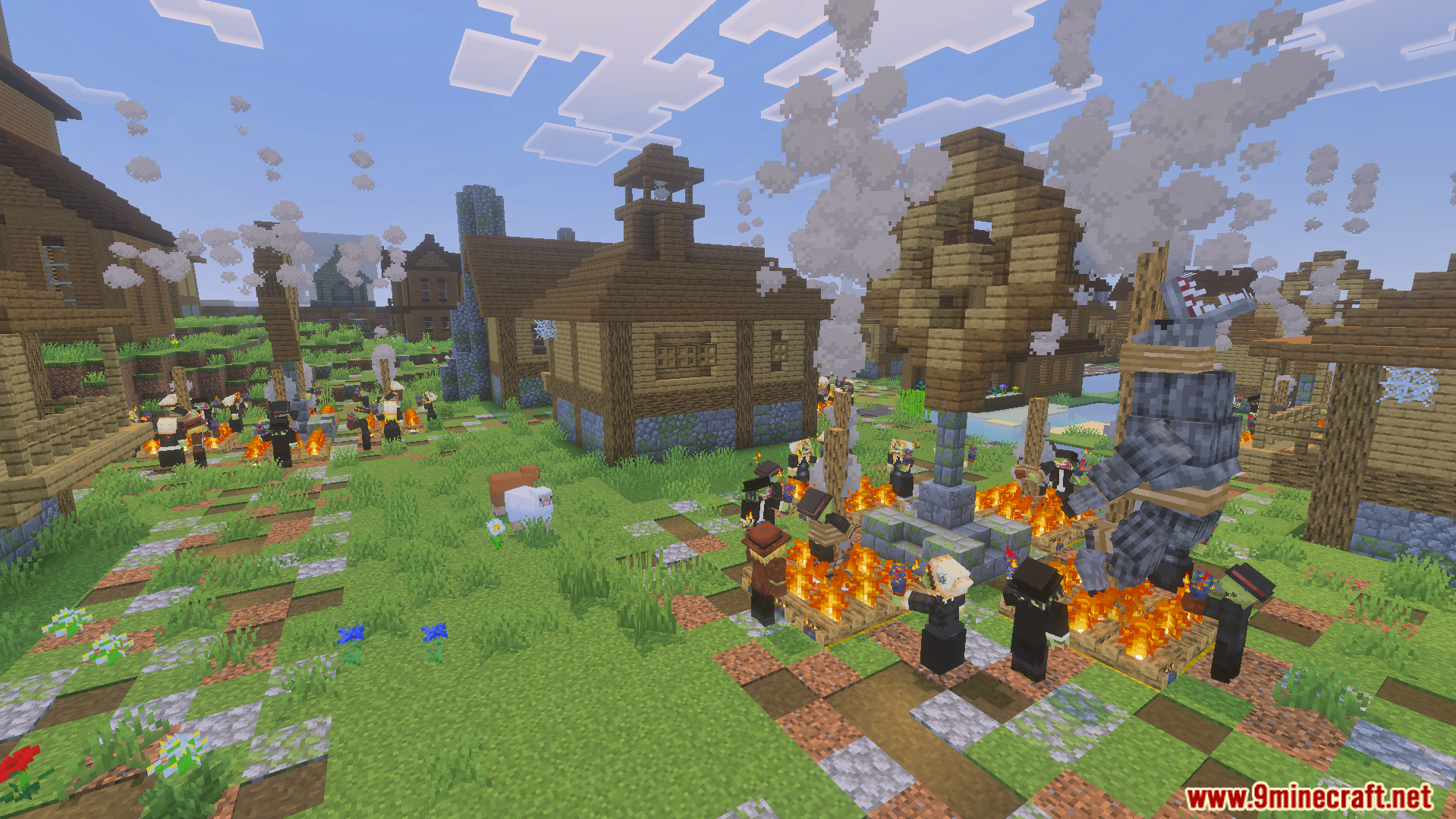 Neutral workers standing around campfires with captured werewolves in a village