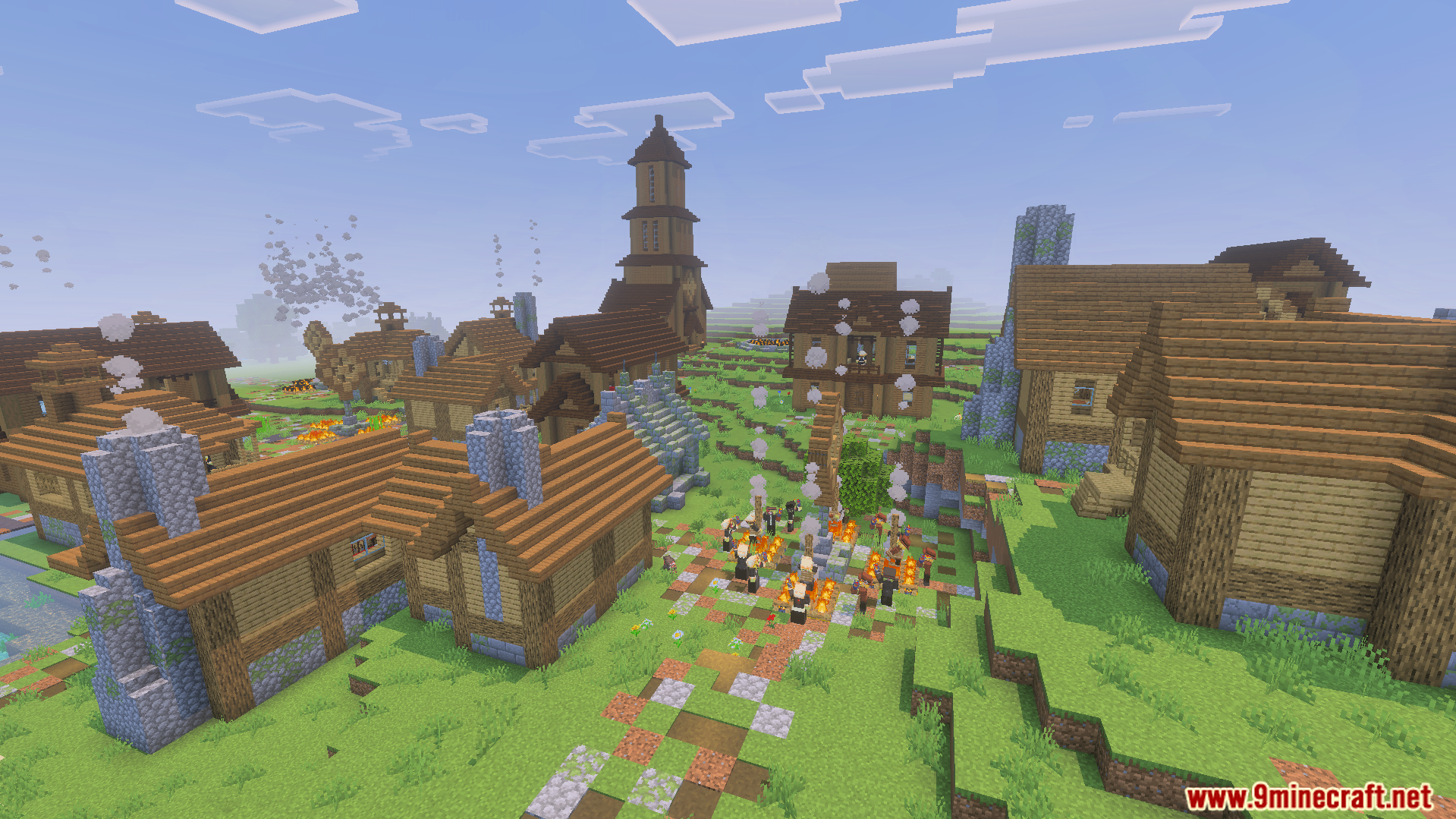 Evil Worst Addon features a large village with wooden houses and central campfires