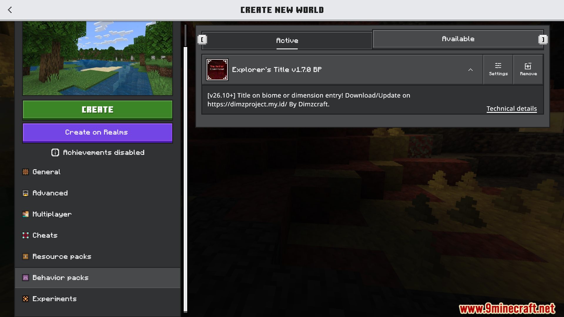 Activating the Explorers Title behavior pack in the world creation menu