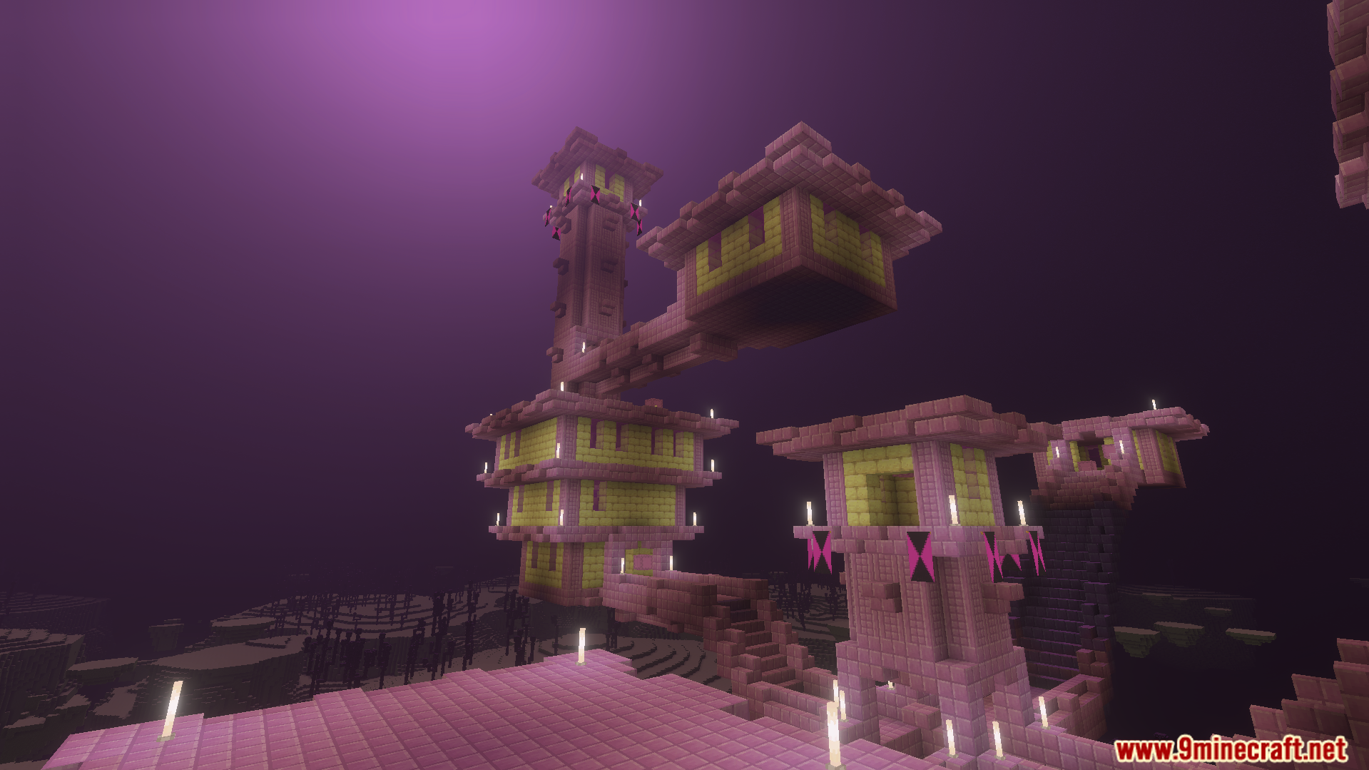A large End City structure with purpur towers under a purple sky
