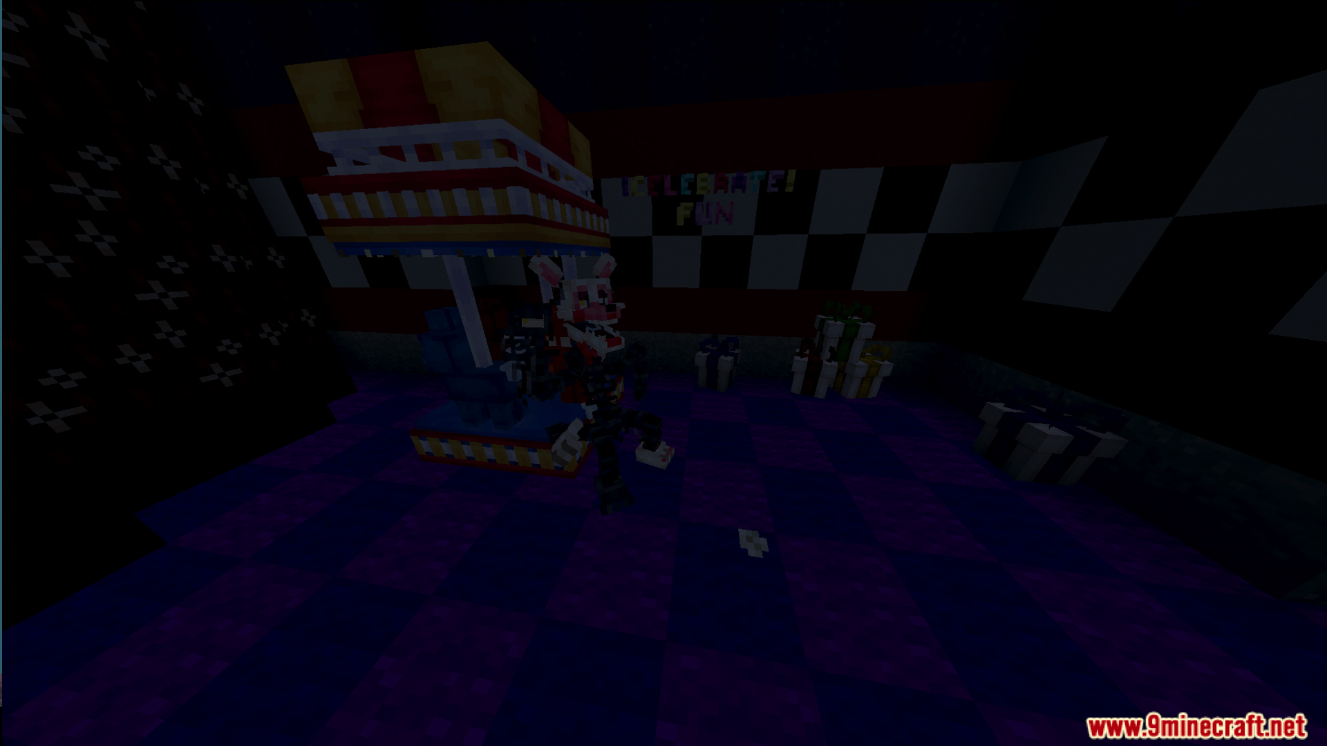 White and pink animatronic inside the Fazbears Pizzeria Horror OFv2 Map