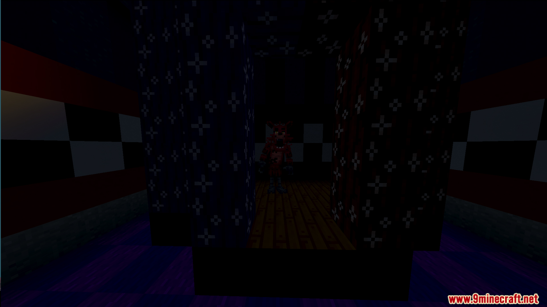 Red animatronic character peeks through curtains in a dark and scary hallway