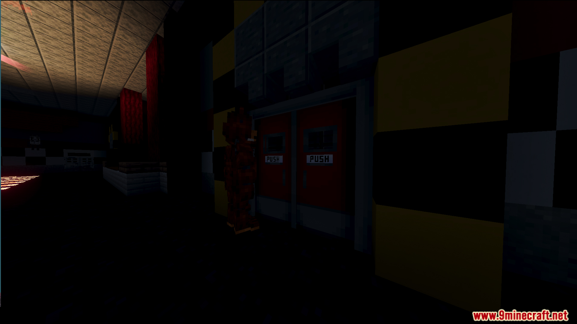 Freddy Fazbear stands by red double doors in the dark Fazbears Pizzeria map