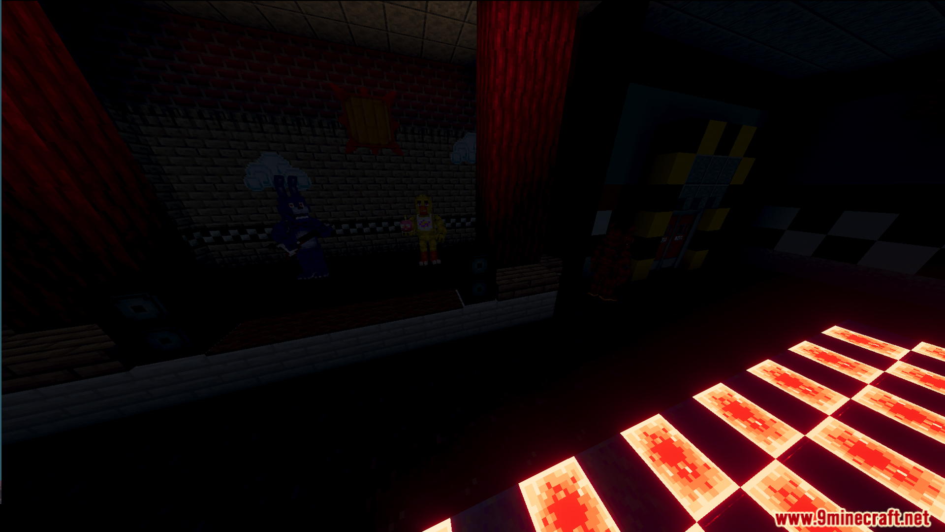 Bonnie and Chica animatronics stand on a stage with glowing checkered floor tiles