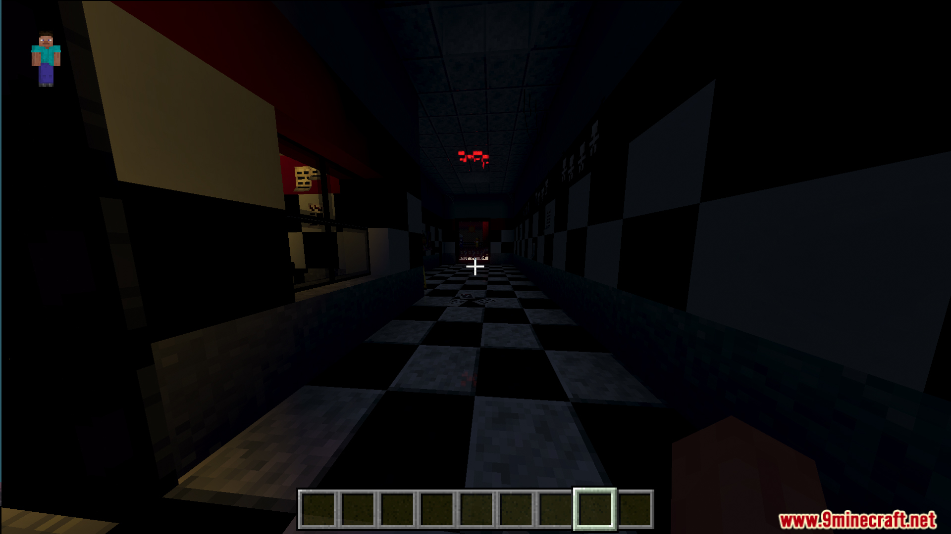 Dark hallway with checkered walls and floor in a scary pizzeria survival map