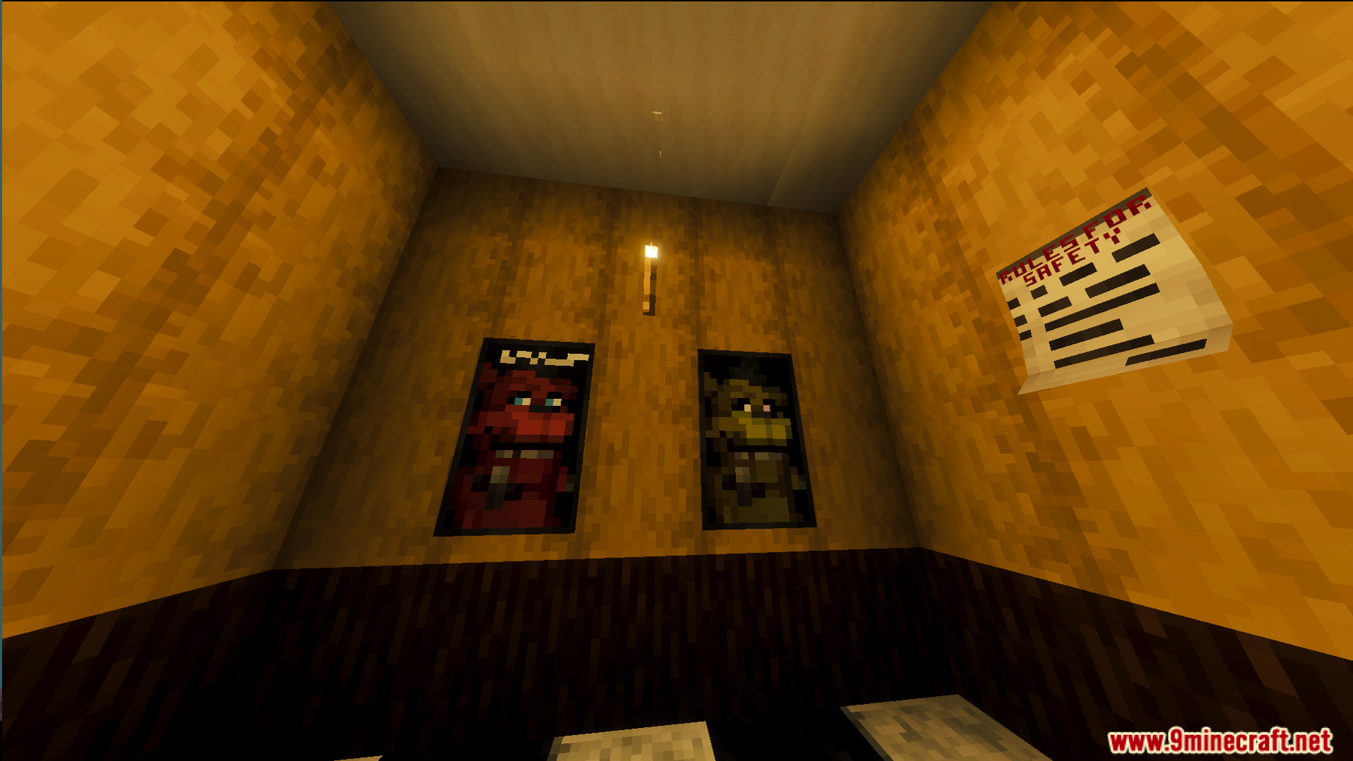 A small room featuring posters of animatronic characters and a safety rules sign