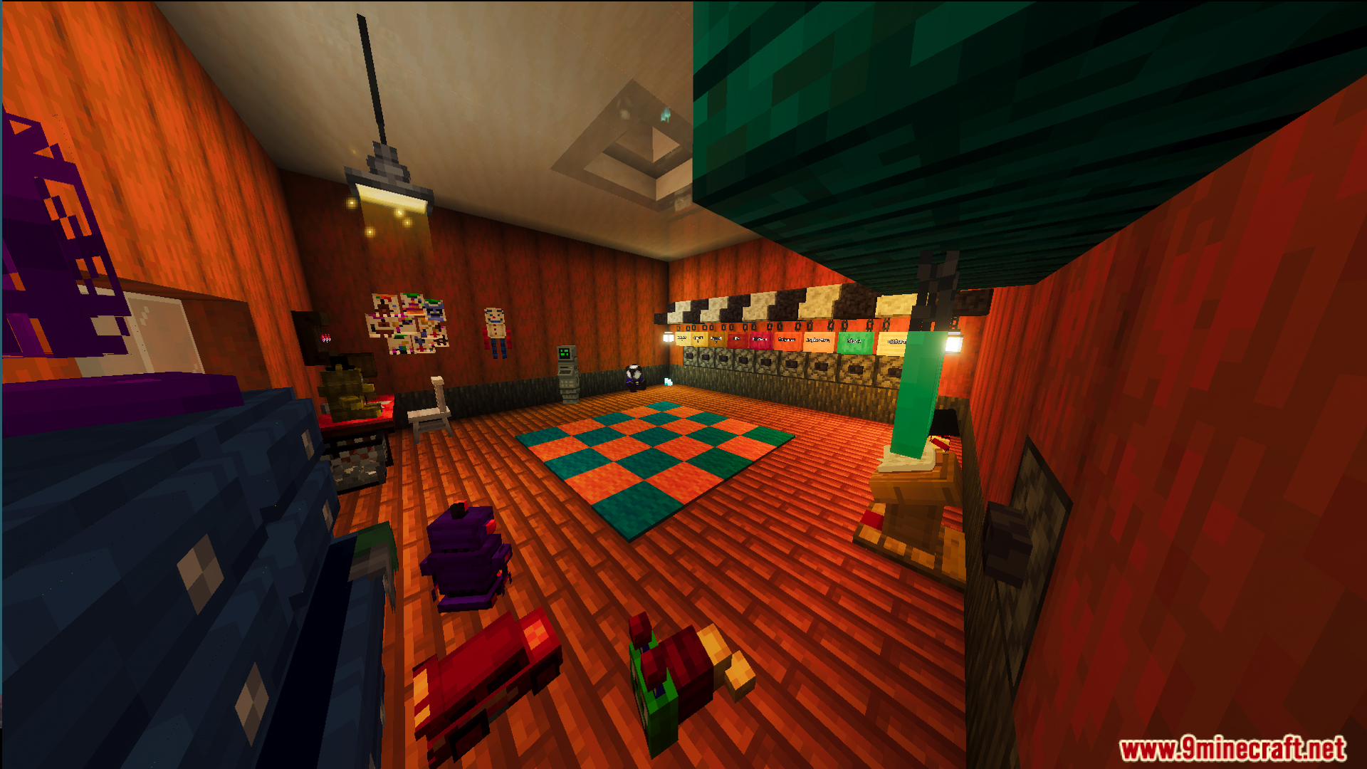 A room with a checkered rug and various custom blocks and furniture items