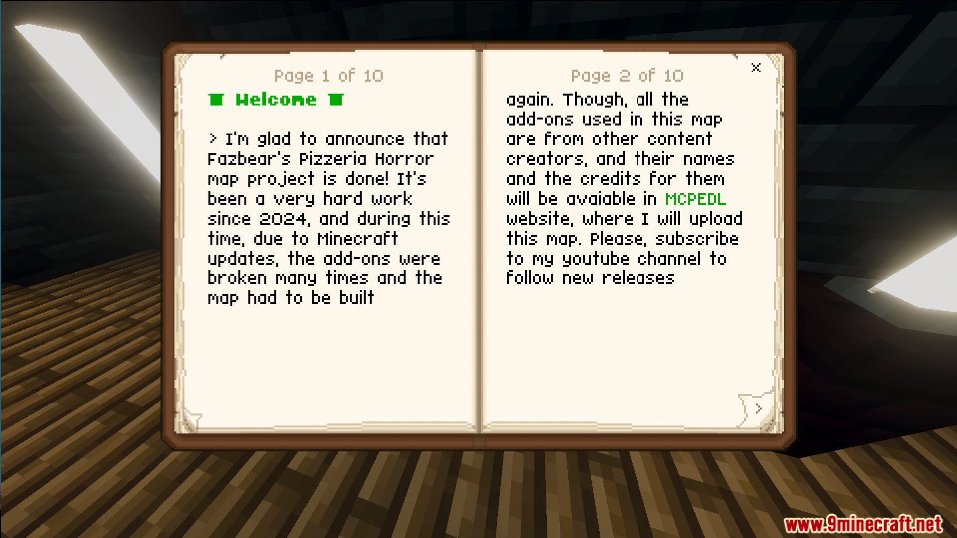 An open book displaying a welcome message for the Fazbears Pizzeria Horror map