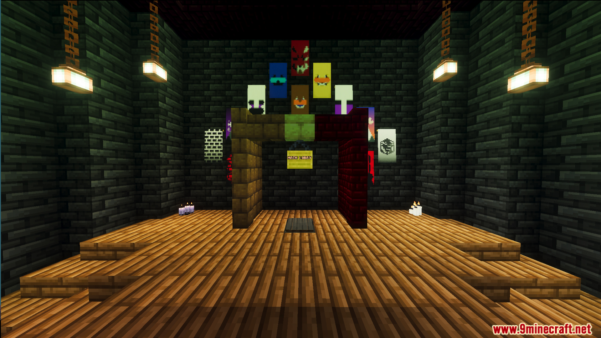 Fazbears Pizzeria Horror Map lobby with banners and a wooden floor