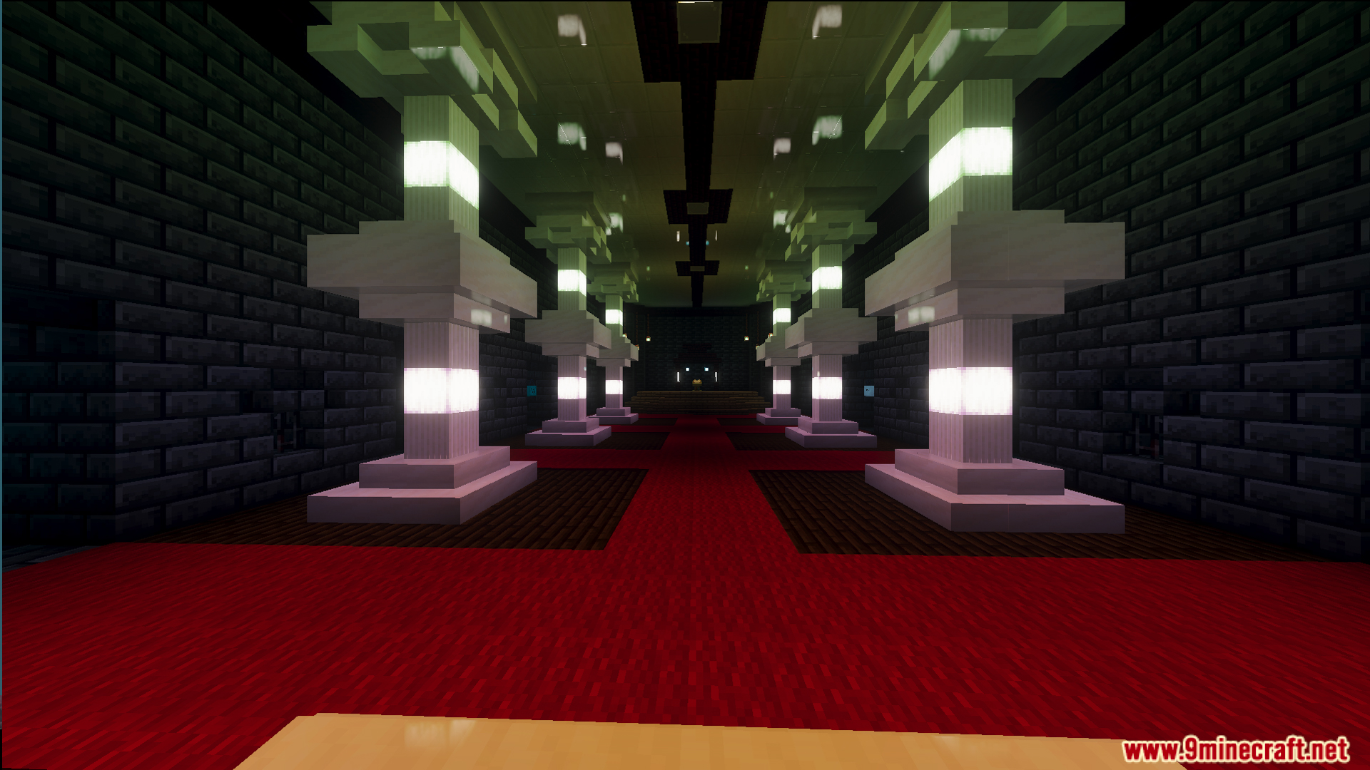 Long hallway with red carpet and glowing white pillars in a dark room