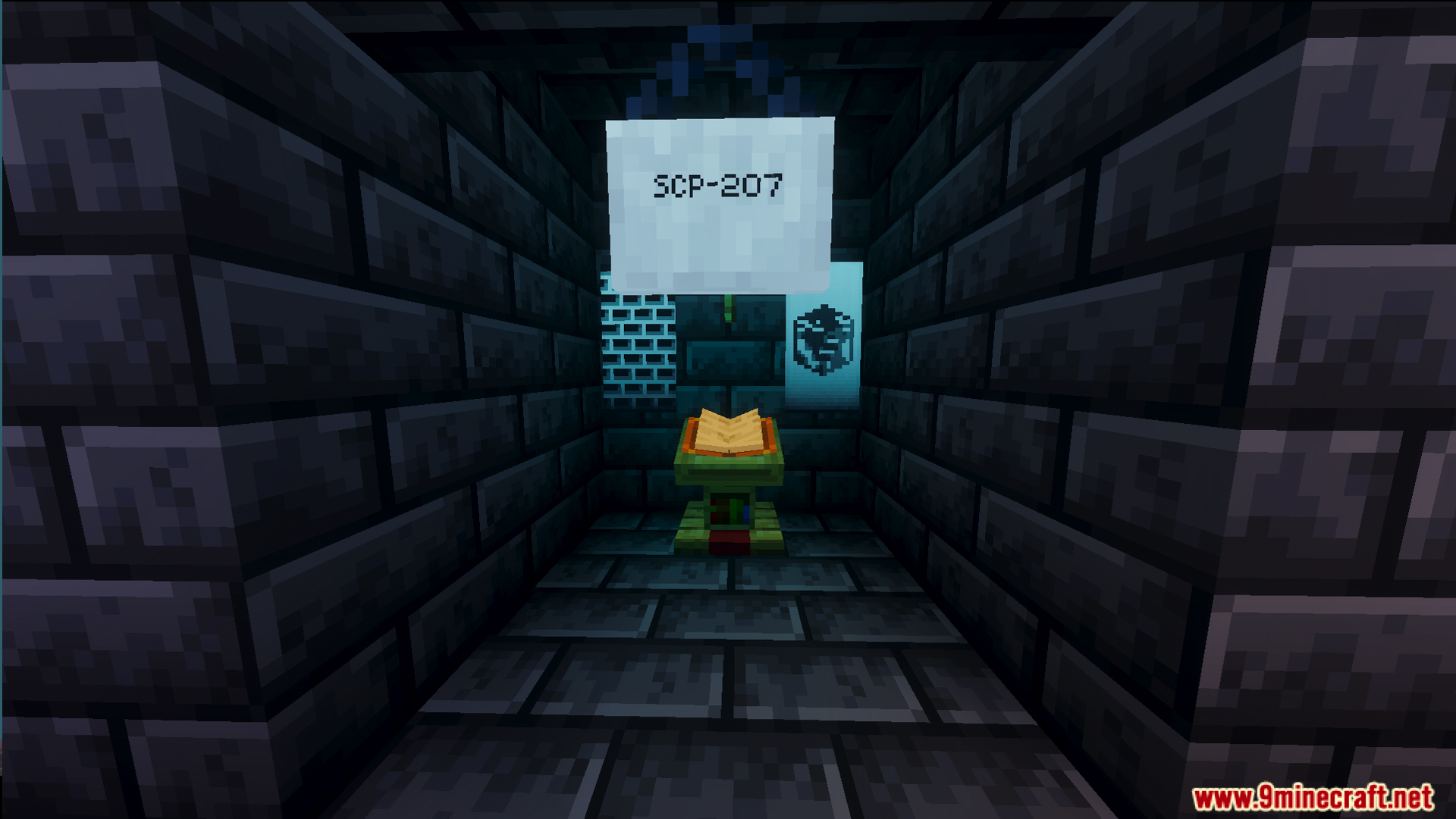 Lectern with an open book under a sign labeled SCP 207 in hallway