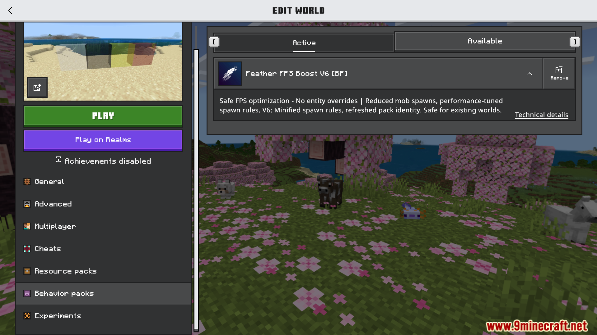 Minecraft Bedrock menu showing Feather FPS Boost behavior pack active
