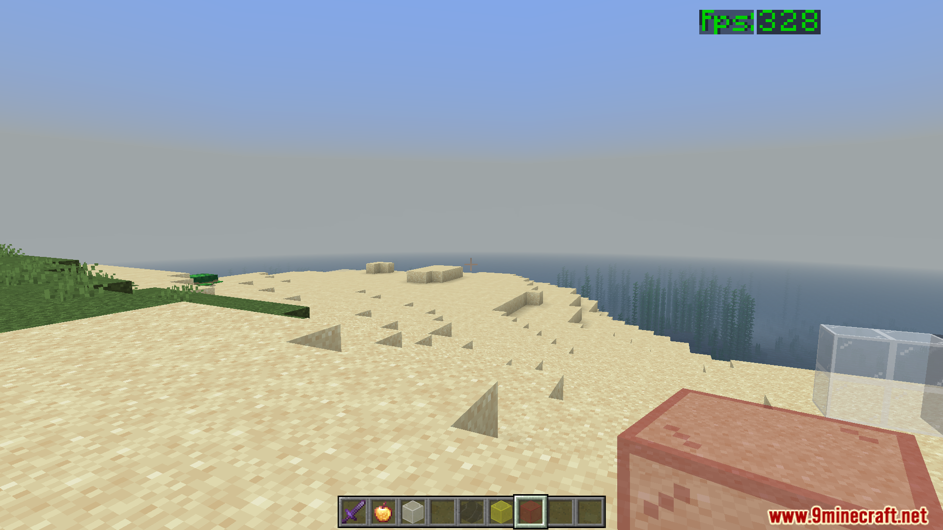 high fps counter shown on screen while looking at a sandy beach landscape