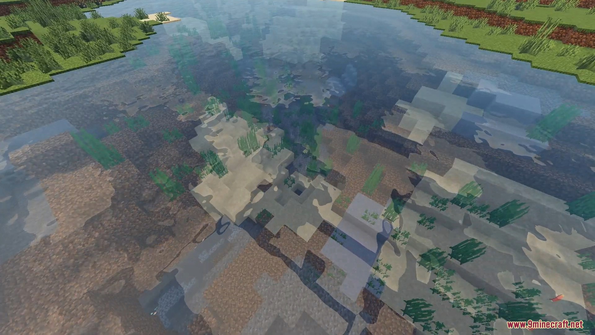Clear water reflecting the sky and showing underwater terrain in Minecraft