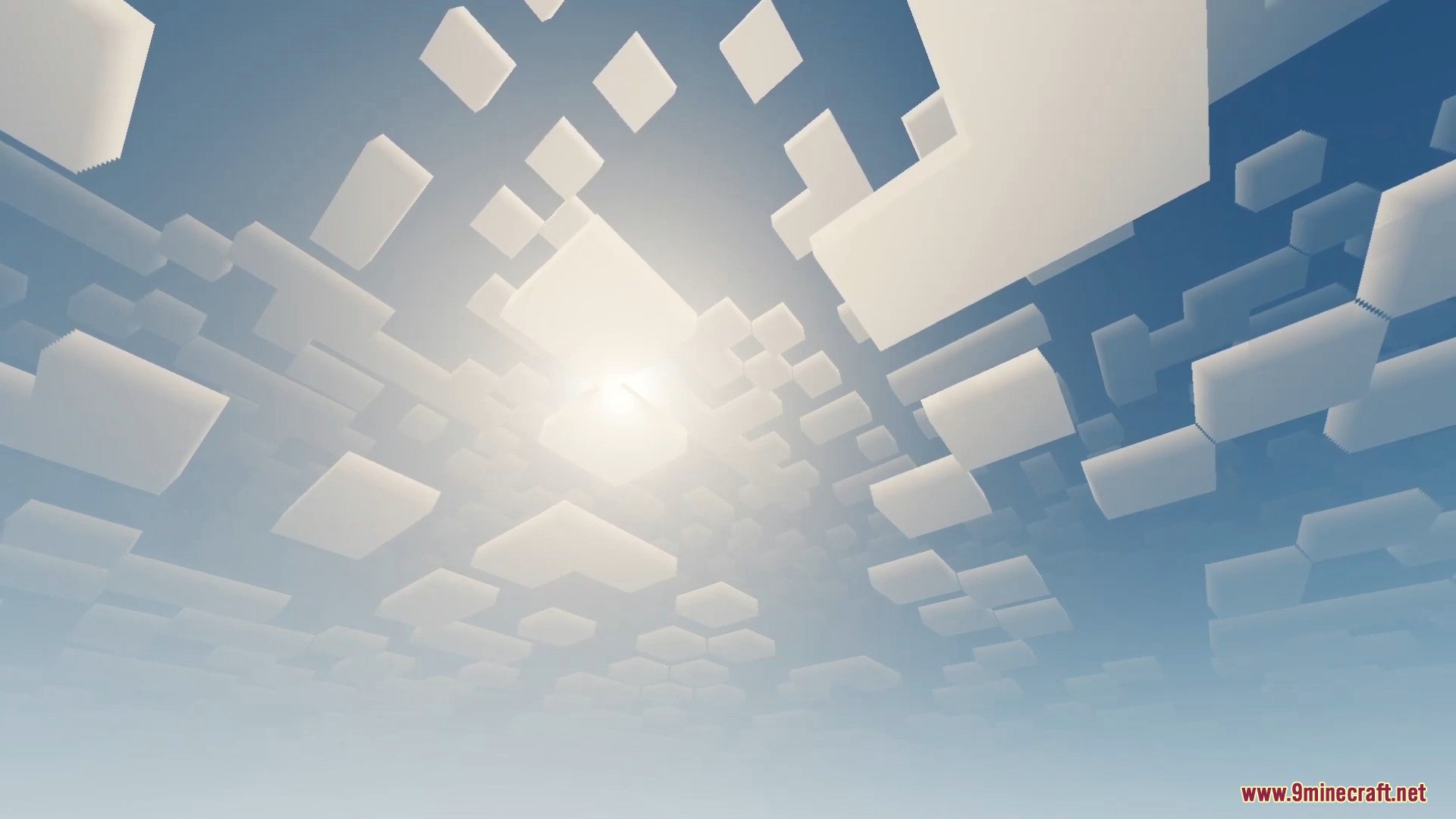 Bright sun shining through scattered blocky clouds in the Minecraft sky
