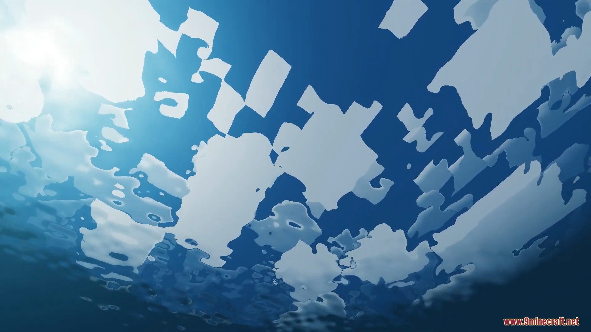 Underwater view looking up at realistic water ripples and clouds in the sky